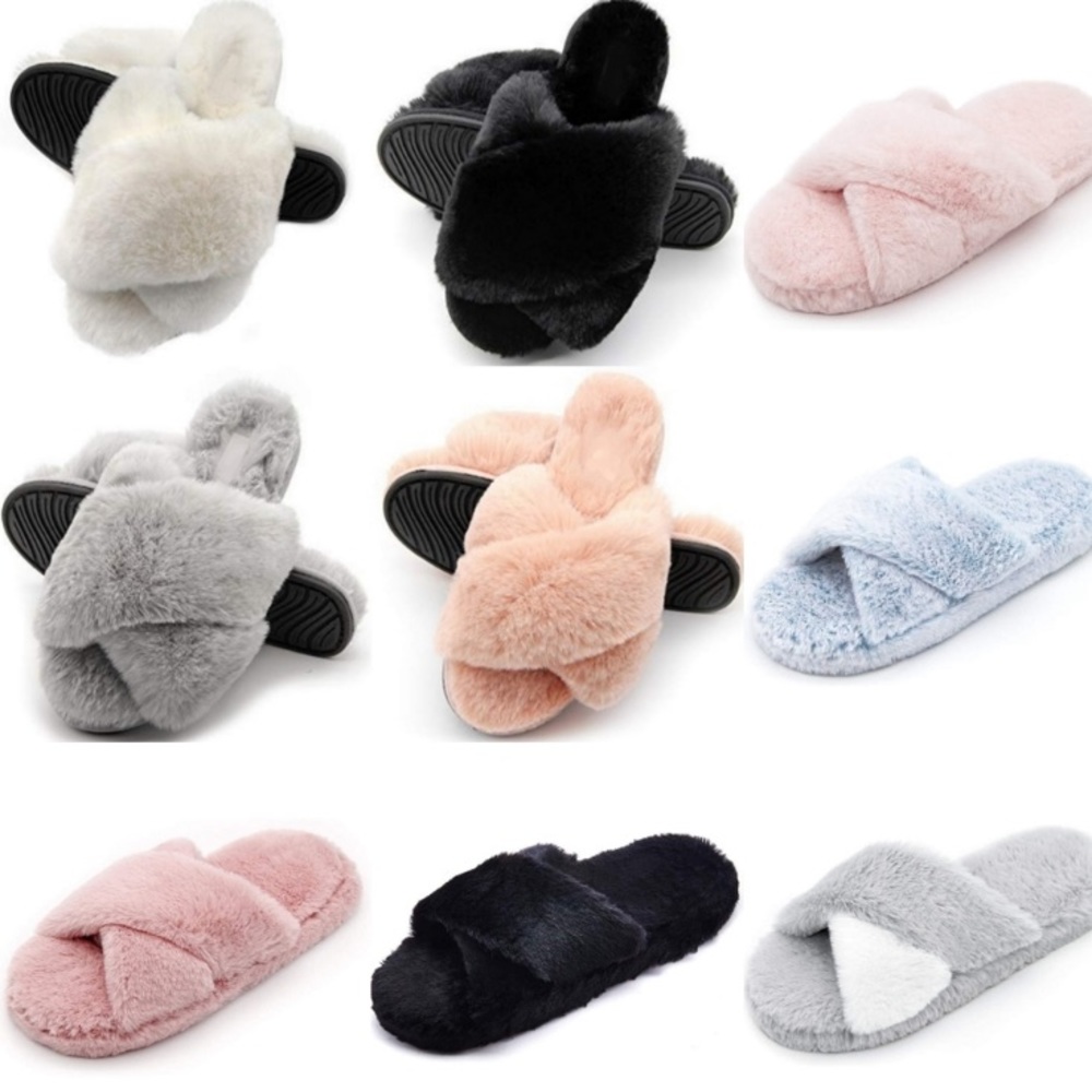 NEW! Soft Faux Fur Cross Band Slippers Slides Scuffs S M L